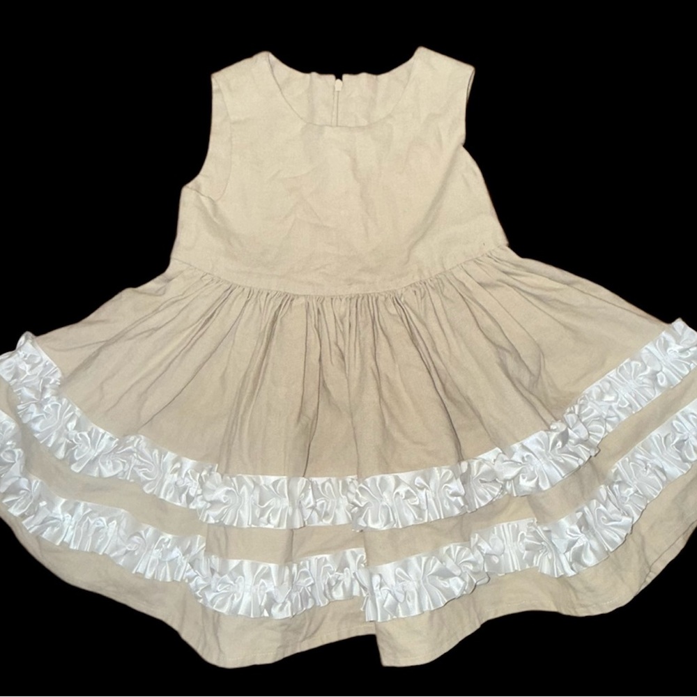 NEW Girl’s 2T Beige Linen Blend Sleeveless Dress White Ruffles Boutique